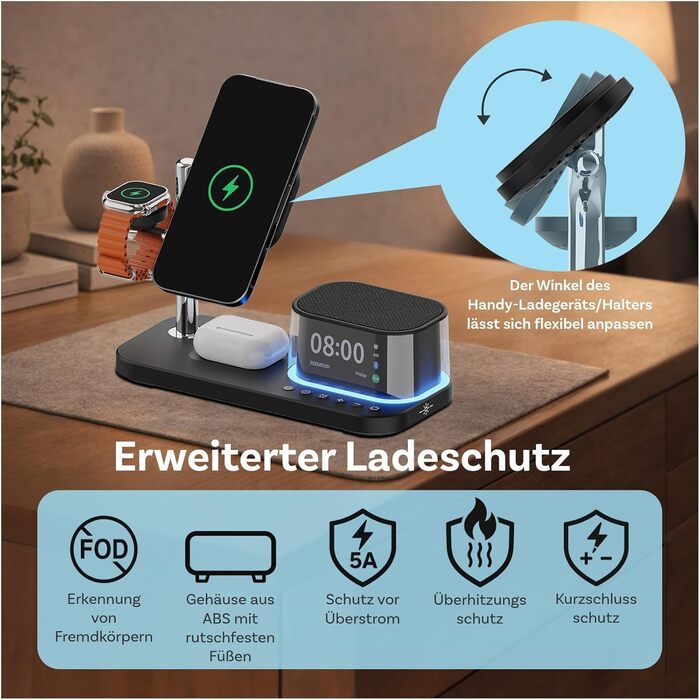 Бездротова зарядна станція 5-в-1 MMOBIEL MagSafe Qi2.2 25W: годинник, Bluetooth-колонка, нічник LED для iPhone, Apple Watch, AirPods - Чорна