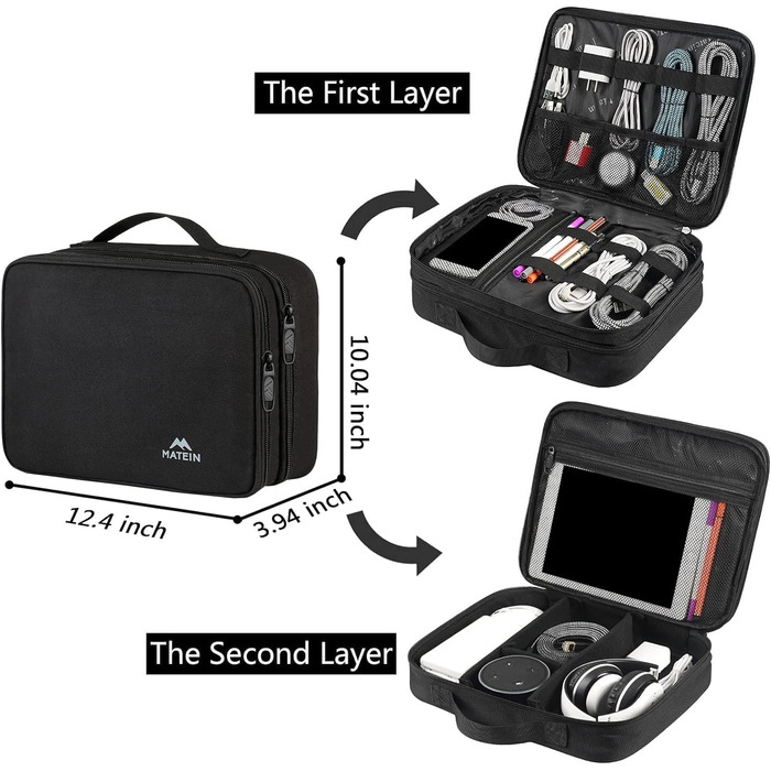 MATEIN Cable Organizer Bag, Large Cable Bag Organizer Tech Pouch, Water-Resistant Electronics Bag Cable Organizer Travel Bag for IPAD, Charger, Power Bank, Black