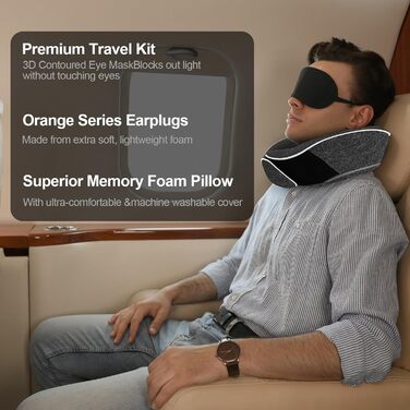 Подушка для шиї з піною Memory Foam, комплект з маскою для очей, навушниками та чохлом, ергономічна, для подорожей (темно-сіра)