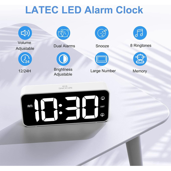 LED-годинник з будильником LATEC з двома тривогами, USB-зарядкою, регулюванням яскравості та гучності, 8 мелодій, 12/24 год, мережевий