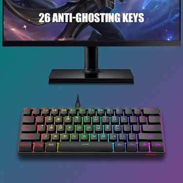 RedThunder Комплект ігрової клавіатури та миші з RGB підсвічуванням, 62 клавіші, DE-розкладка, 7200 DPI, компактна миша з 6 кнопками, для PC, MAC, PS5, Xbox, чорний