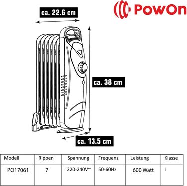 Електричний масляний радіатор PowOn 600W, 7 ребер, 30x14x38 см - енергозберігаючий опалювач