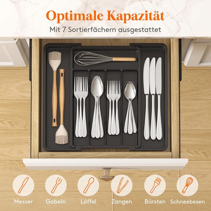 Органайзер для столових приладів Lifewit в шухляду, регульований, пластиковий, 33-57 см, глибина 38 см, чорний