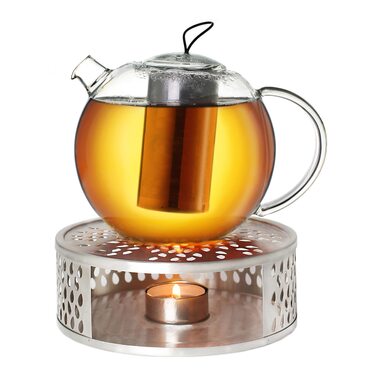 Скляна чайник Creano 1,2л з підставкою, 3-х секційна з нержавіючою сталею та ситечком, для листового чаю, без протікання (1500 мл)