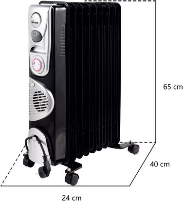 Електричний масляний радіатор Ardes AR4R09BTTE 9TT з таймером, 3 режими, турбовентиляція, на колесах, 2500 Вт, чорний та срібний
