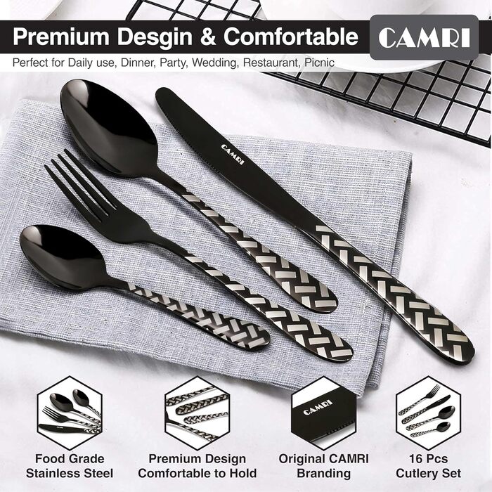 CAMRI Набір столових приборів – 16 предметів з нержавіючої сталі. Набір столових приборів, ножі, виделки, ложки. Комплект на 4 особи, придатний для миття в посудомийній машині. Кріз-чорний візерунок.