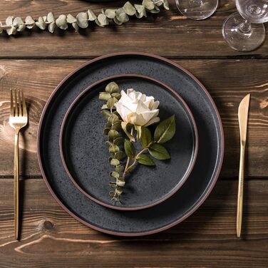 Набір посуду LeRatio на 6 осіб, 18 предметів, керамічний, стійкий до подряпин (антрацитовий сірий колір з коричневим краєм та крапками)