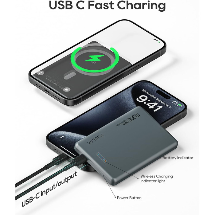 Power Bank Kuulaa MagSafe 10000 mAh 20W, Тонкий Пауербанк для iPhone 16/15/14/13, Колір Space Grey