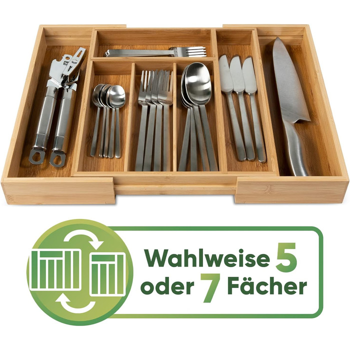 Loco Bird Cutlery Box for Drawers - 5 to 7 Compartments - Extendable Bamboo Cutlery Insert for Drawers - Drawer Organizer Kitchen - Drawer Insert Kitchen - Cutlery Organizer Drawer