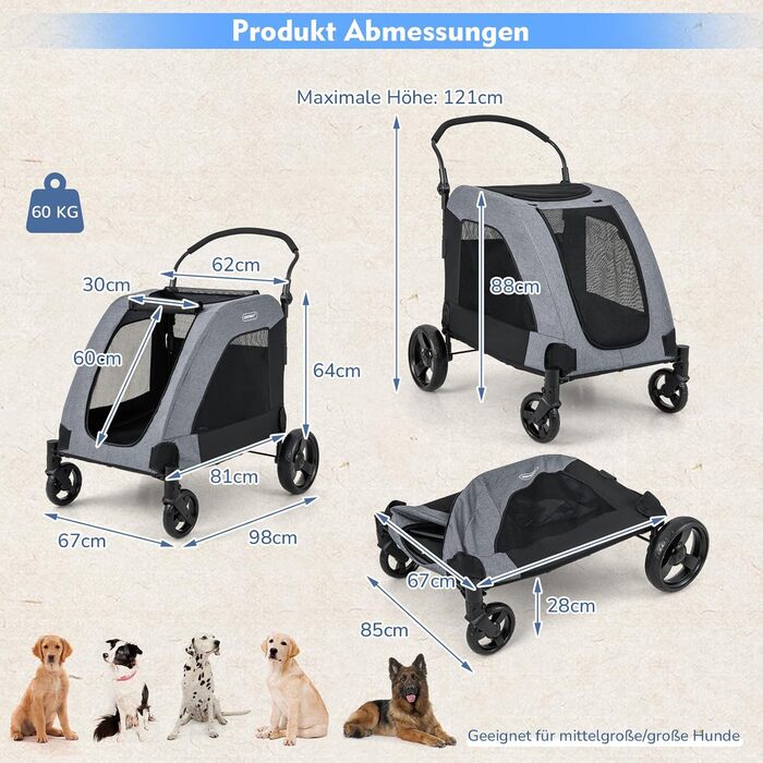 GOPLUS Складаний візок для собак, переносний для домашніх тварин на 4 колесах з кишенькою, сітковими віконцями та регульованою ручкою, візок для собак, розкладний, 60 кг, 67 x 98 x 88 см