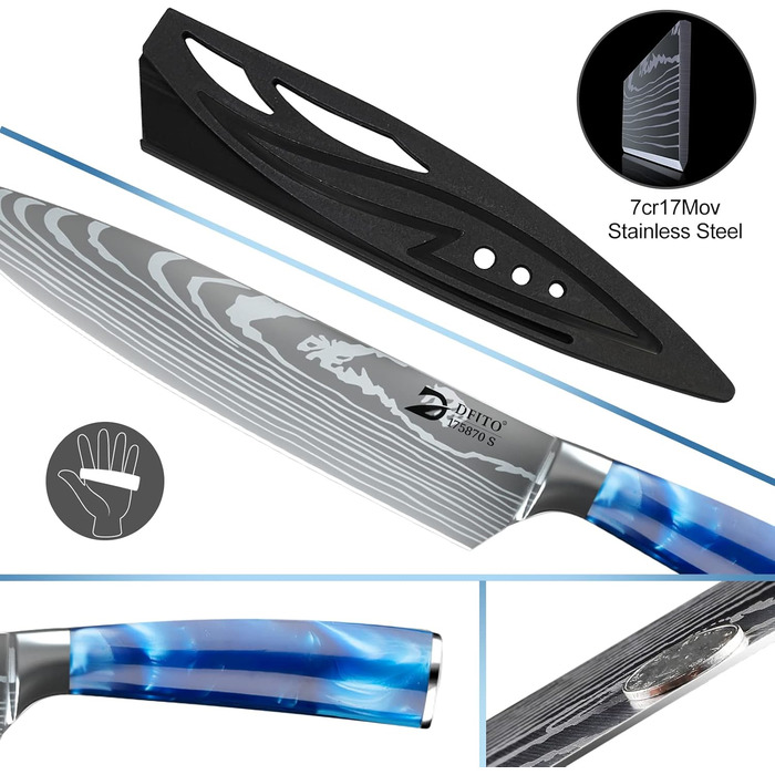 Набір кухонних ножів Dfito, 8 предметів, професійний, з роллю, з високоякісної нержавіючої сталі, синій руків'я