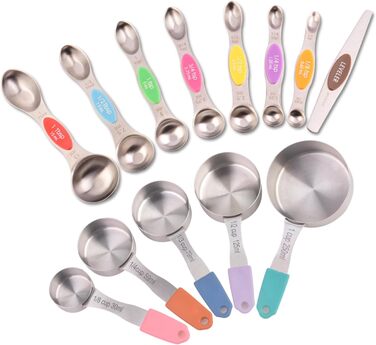 Magnetic measuring cup and spoon set, stainless steel, 5 cups and 7 spoons, with leveler (multicolored)
