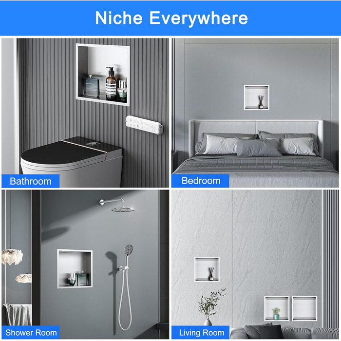 KINKIBOS Wall Niche Shower Stainless Steel, No Tiles Required, Recessed Shower Niche 30 x 30 x 10 cm, Shower Niche Single Shelf Storage