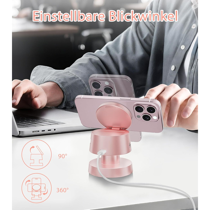 Бездротова зарядка 4-в-1 для iPhone 17/16/15/14 Pro Max з нічним світлом, сумісна з Apple Watch та AirPods, рожева