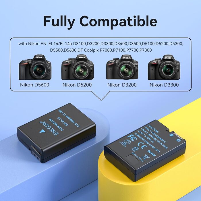 Запасний акумулятор ENEGON EN-EL14/EL14a (2 шт.) та розумне LED Dual USB зарядне пристрій для Nikon DSLR D3100, D3200, D3300, D3400, D3500, D5100, D5200, D5300, D5500, D5600, DF Coolpix P7000, P7100, P7700, P7800