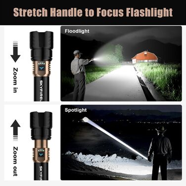 Ліхтар налобний LED Skyfire 900000 Люмен з лінзою для розпалювання вогню, USB-зарядка, 4 режими яскравості, Zoom, для кемпінгу, надзвичайних ситуацій та походів (чорне золото)