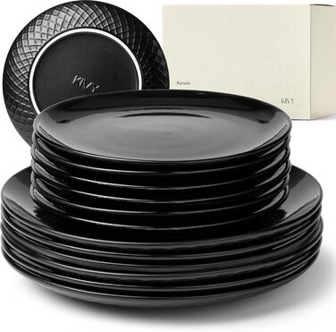 KIVY Dinnerware Set for 6 People [Scratch & Dishwasher Safe] 6x27cm + 6x22cm - Plate Set 12-Piece Modern - Dinnerware Set - Combination Service - Black Dinnerware Set - Black Plate Set - Matte Black Plates