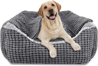 Dog Bed for Medium-Sized Dogs, Dog Basket with Removable Blanket, Corduroy Dog Beds Fluffy Washable, Non-Slip Dog Basket, Dog Sofa with High Edge Fits up to 18kg Pets (76x61x23cm) (L 89 x W 64 x H 23 cm)