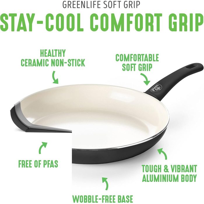 Набір кухонного посуду GreenLife Soft Grip, 23 предмети, керамічне антипригарне покриття, PFAS-вільний, для кухні, чорний, можна мити в посудомийній машині