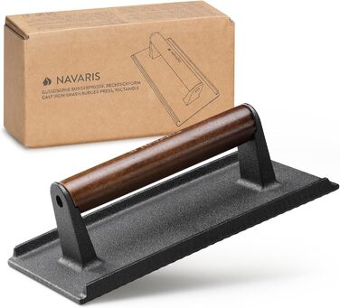 Navaris Smashed Burger Press - Cast Iron Burger Press - Prepare Burgers Healthy and Delicious - Grill Press - Meat Press - 21 x 11 cm - Rectangular Cast Iron