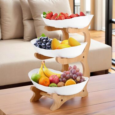 DEECOZY Трирівнева підставка для фруктів та овочів з бамбуком, біла. Організатор для зберігання фруктів, овочів та закусок