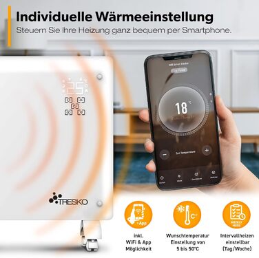 Конвектор TRESKO® 2000W з Wi-Fi, LED-дисплеєм та таймером | Електрична скляна панель опалення | Білий | 2000 Вт