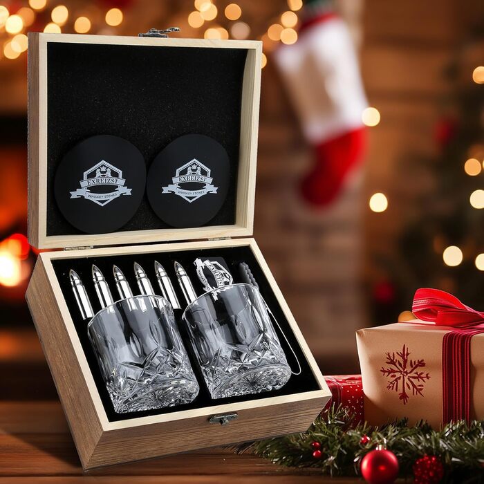 Набір віскі Exreizst: 2 склянки, 8 охолоджувачів, дерев'яна коробка | Подарунок для чоловіків