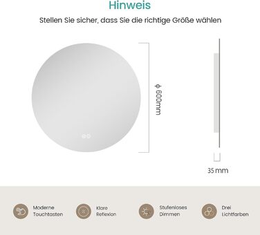 Дзеркало для ванної кімнати EMKE круглої форми з підсвічуванням 80 см - з 3 кольорами світла, регулюванням яскравості, сенсорним керуванням, функцією пам'яті, енергозберігаюче. Ванне кімнати та настінне дзеркало (60 см x 60 см)