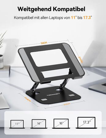 Підставка для ноутбука TECKNET, регульована по висоті, ергономічна, складна, портативна, з вентиляцією, сумісна з ноутбуками та планшетами 11-17.3 дюймів (чорна)