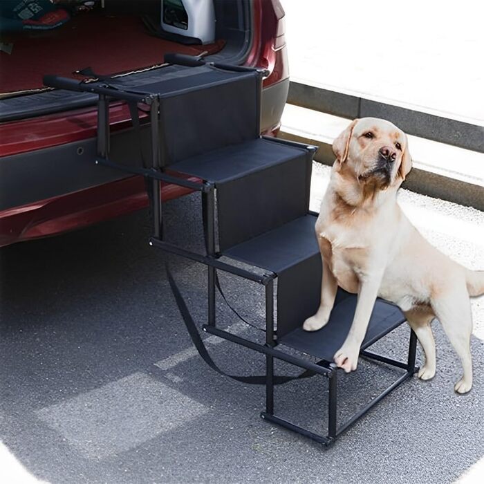 Folding Dog Ramp for Cars - 4 Step Pet Staircase, Up to 80kg, Black - Gentle on Joints