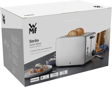 WMF Stelio 2-Slice Stainless Steel Toaster, Double-Slot Toaster with Bread Roll Attachment, Bagel Function, 7 Browning Levels, 900 W, Matte Stainless Steel Toaster