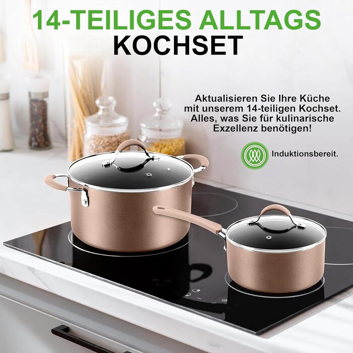 NutriChef Cookware Set, Induction, 14-Piece Non-Stick Pan Set, Pots & Pans PFOA/PFOS-Free, Cookware Set, Kitchen Set, Stainless Steel, Aluminum – High-Quality Cookware Set for All Cooktops Gold