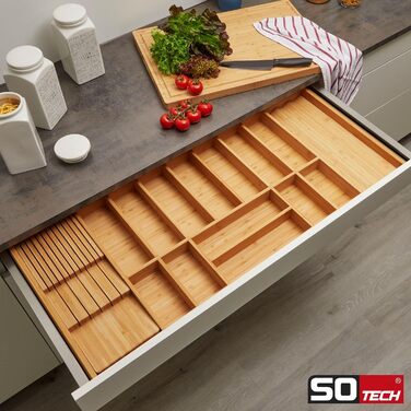 Orga-Box-1 BAMBUS Cutlery Insert with 15 compartments for Blum Tandembox/Antaro drawers, 1119 x 473 mm in a 120 cm wide cabinet. Cutlery box suitable for Wellmann and Alno kitchens and many others.