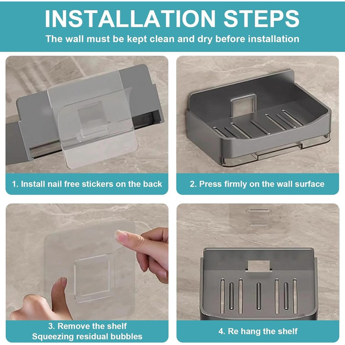 Тримач для мила Dulynva (2 шт.) без свердління, сірий. Мильниця для душу, мильниця з піддоном, мильниця для ванної кімнати, кухні, мийки. Пластиковий тримач для мила, настінний, самоклеючий.