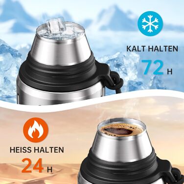 Термос Healter Thermoskanne 1л з чашкою (72 години холод, 24 години гаряче) – термофляга для кави, чаю, термокружка з фільтром та знімним дном. Підходить для подорожей, офісу та школи (зелений, срібний)