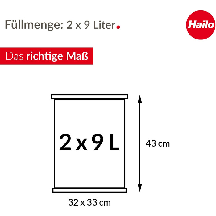 Подвійний сміттєвий відер Hailo Öko duo Plus M, 2 x 9 л, сталевий роздільник сміття з кришкою soft close для кухні, сріблястий