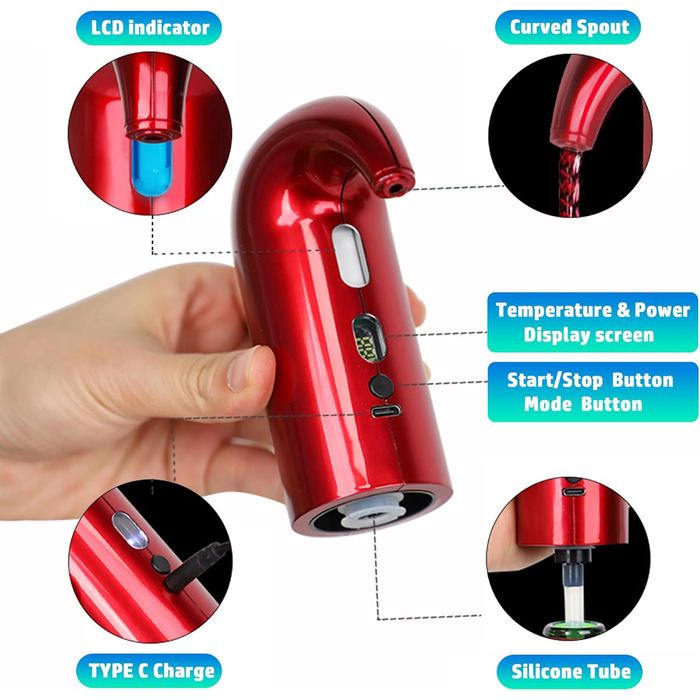 Electric Wine Aerator Pourer, Portable One-Touch Wine Decanter and Wine Dispenser Pump for Red and White Wine Multi-Smart Automatic Wine Oxidation Dispenser, USB Rechargeable (Rot01)
