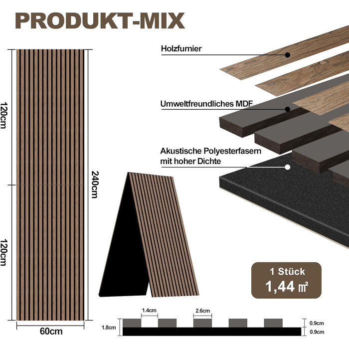 Акустичні 3D-панелі з дерева AKK-PANE 240x60 см (1,44 м²), стінові шумопоглинаючі панелі для кухні, вітальні та офісу, колір: темний горіх