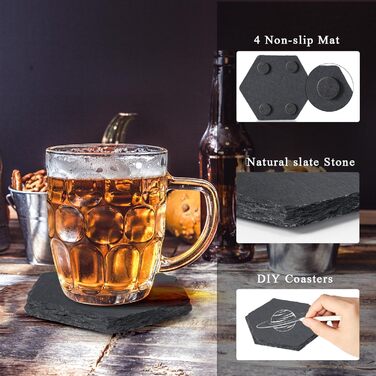 MAPRIAL 36-Piece Slate Coasters Bulk, 10.2 cm Hexagonal, Blank, Black Stone Coasters for Drinks, Natural, Handmade, Hexagon, Stone for Laser Engraving, Gifts, Engraving, Halloween (Black)