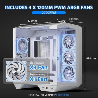 darkFlash DY470: Корпус для ігрового ПК Full-Tower ATX з 4 PWM-ARGB вентиляторами, сумісний з RTX 40, білий