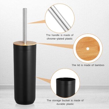 Набір для чищення унітазу: щітка, відро для зберігання, 3 насадки. Бамбук, пластик. Для декоративного інтер'єру ванної кімнати (білий, чорний)