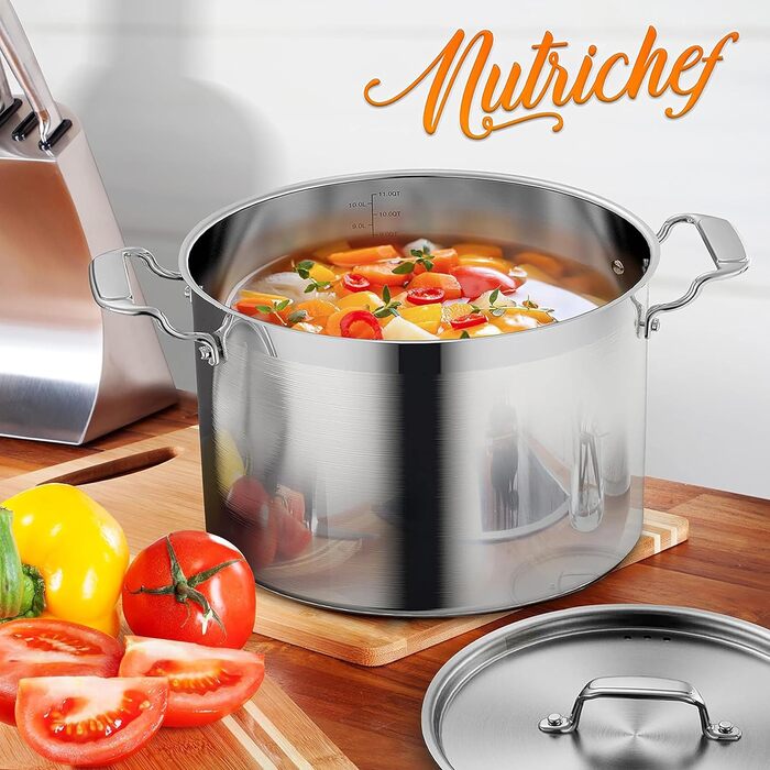 NutriChef Каструля з нержавіючої сталі 18/8, 11 л, для супів та рагу, з кришкою, для індукції, посудомийна машина