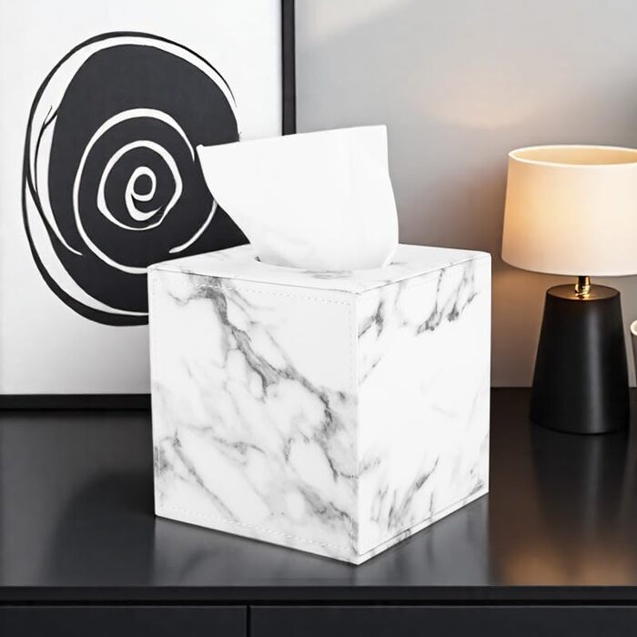 KINGFOM Скляна коробочка для серветок, шкіра PU, для авто, офісу, ванної кімнати, спальні (Мрамор)