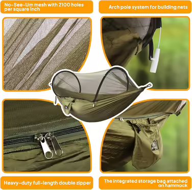 NATUREFUN Ultra-Light Travel Camping Hammock with Mosquito Net | 300 kg (660 lbs) Load Capacity, Breathable Quick-Drying Parachute Nylon | Includes 2 Premium Carabiners and 2 Nylon Straps