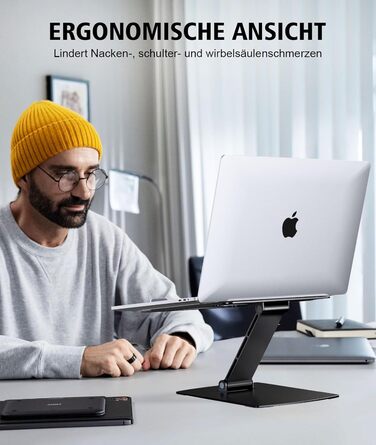 Підставка для ноутбука Glangeh, регульована по висоті, ергономічна, портативна, для столу, складна, з алюмінію, сумісна з MacBook Air Pro (10–16 дюймів), чорна