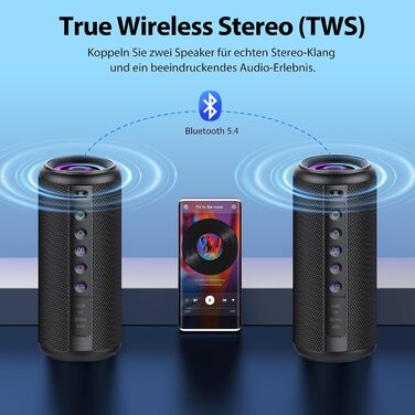 Bluetooth колонка 2026 з RGB підсвіткою, портативна, водонепроникна IPX7, з мікрофоном, для дому, саду та подорожей, чорна