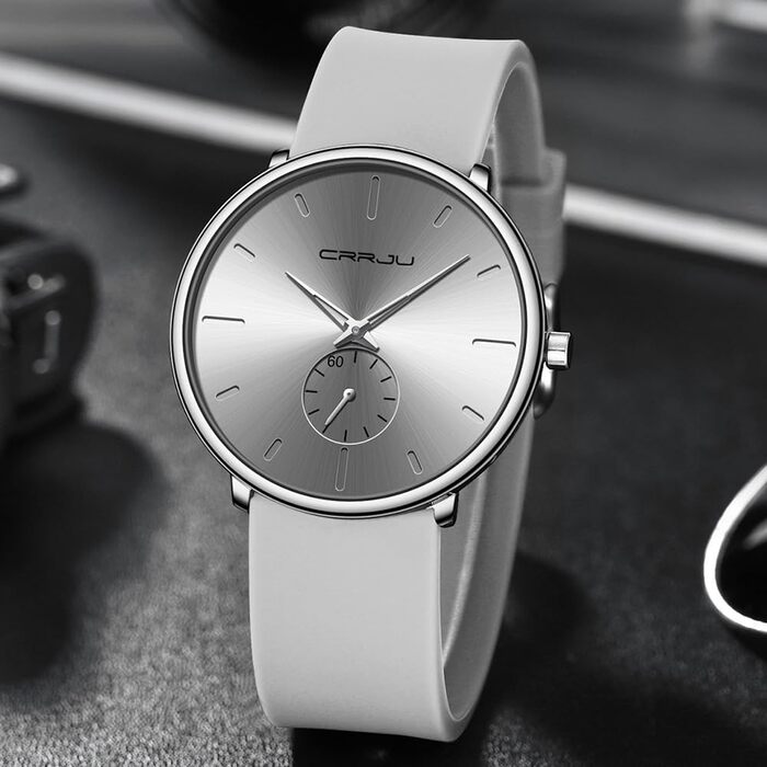 Годинник чоловічий CRRJU з силіконовим ремінцем, ультратонкий, водонепроникний, мінімалістичний, спортивний, кварцовий (сірий)