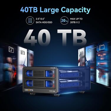 Корпус для жорстких дисків 10Gbps Dual Bay з алюмінію та вентилятором для 2.5/3.5 SATA HDD/SSD з USB A/C 3.2, Hot Swappable, Daisy Chain, DAS (без RAID/NAS)