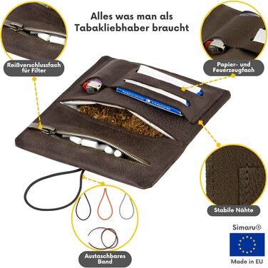 Simaru Personalized Tobacco Pouch with Engraving from Leather for 30g Tobacco Bag, Genuine Leather Roller Pouch including Filter Compartment and Pouch Holder (Dark Gray) (Dark Brown Engraving)