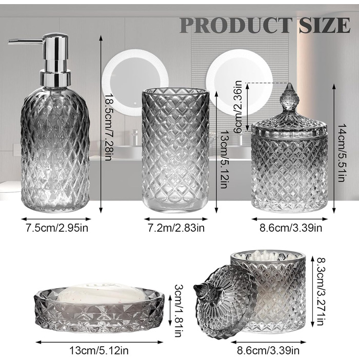 Набір аксесуарів для ванної кімнати зі скла (5 шт.) - чорний: мильниця, диспенсер для мила, тримач для зубних щіток, контейнер для ватних паличок, стакан